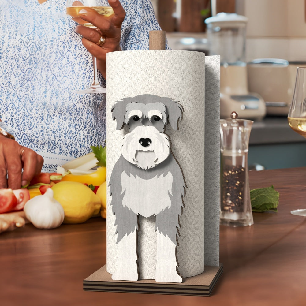 Schnauzer Wooden Dog Paper Towel Holder displayed on a kitchen countertop with a freestanding paper towel roll