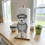 Schnauzer Wooden Dog Paper Towel Holder displayed on a kitchen countertop with a freestanding paper towel roll
