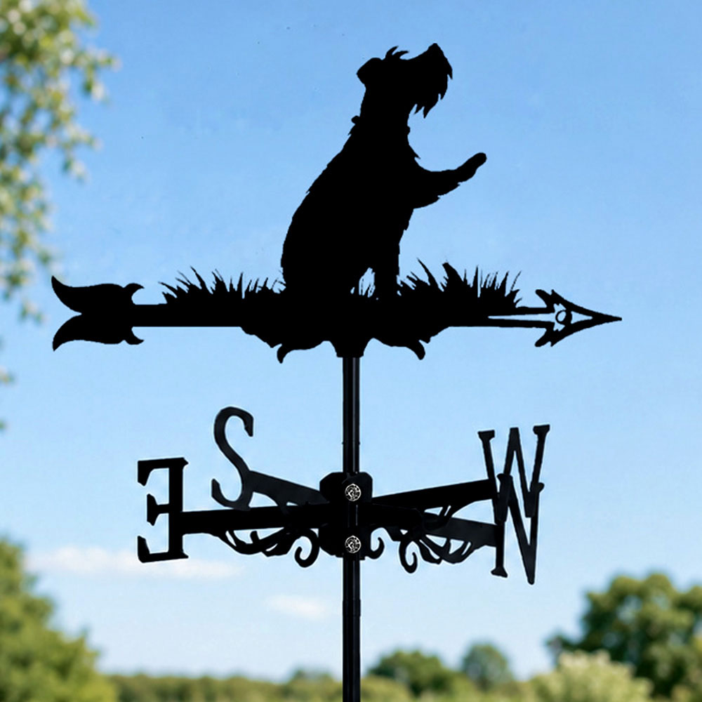 Schnauzer metal weather vane with directional arrows and mounting rod, outdoor roof and garden decoration