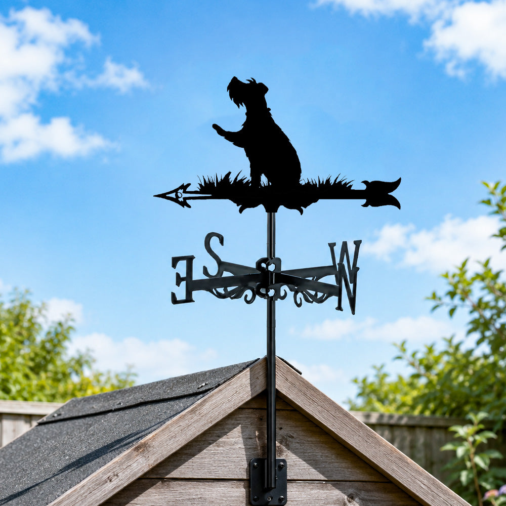 Schnauzer metal weather vane with directional arrows and mounting rod, outdoor roof and garden decoration