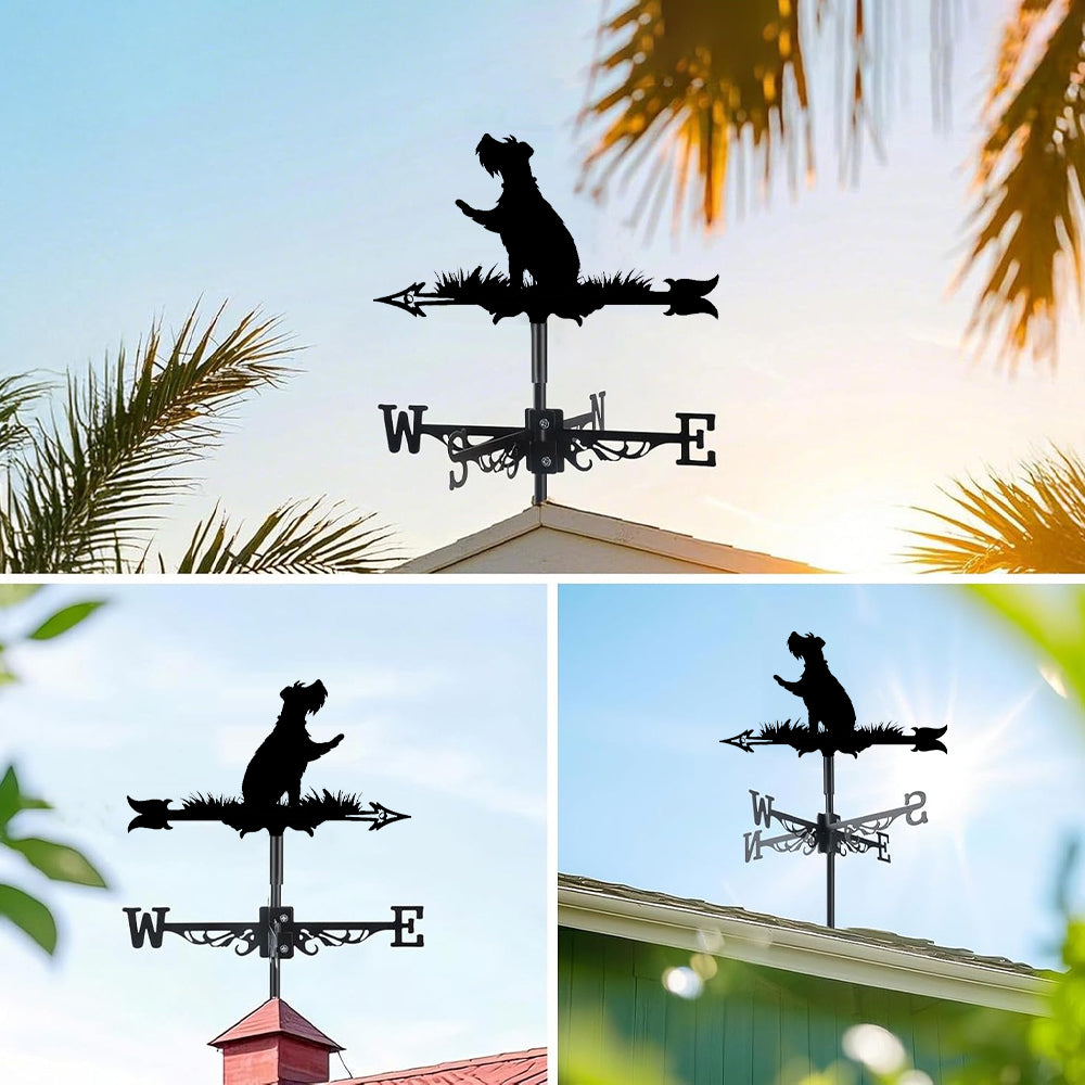 Schnauzer metal weather vane with directional arrows and mounting rod, outdoor roof and garden decoration