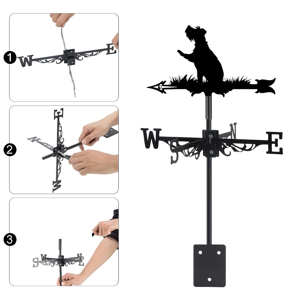 Schnauzer metal weather vane with directional arrows and mounting rod, outdoor roof and garden decoration