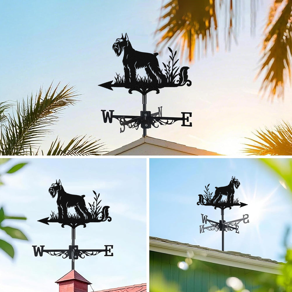 Schnauzer metal weather vane with directional arrows and mounting rod, outdoor roof and garden decoration