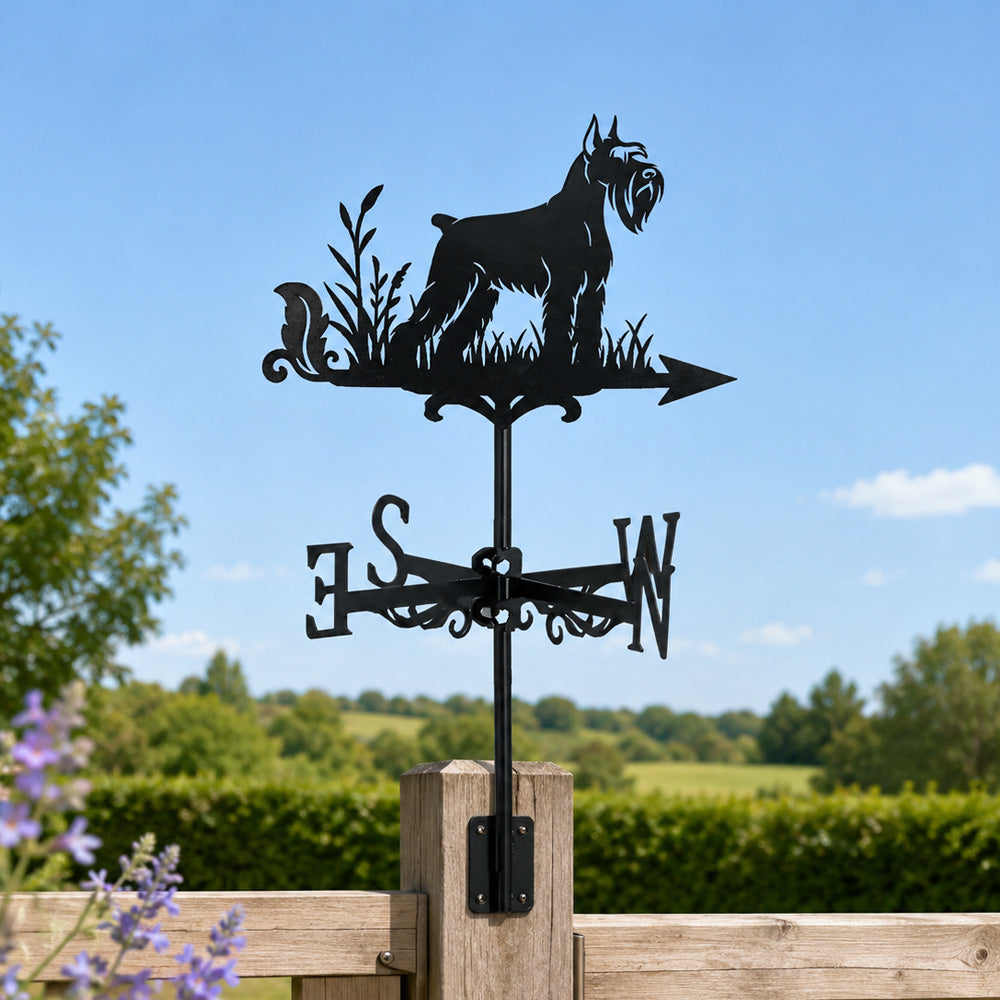 Schnauzer metal weather vane with directional arrows and mounting rod, outdoor roof and garden decoration