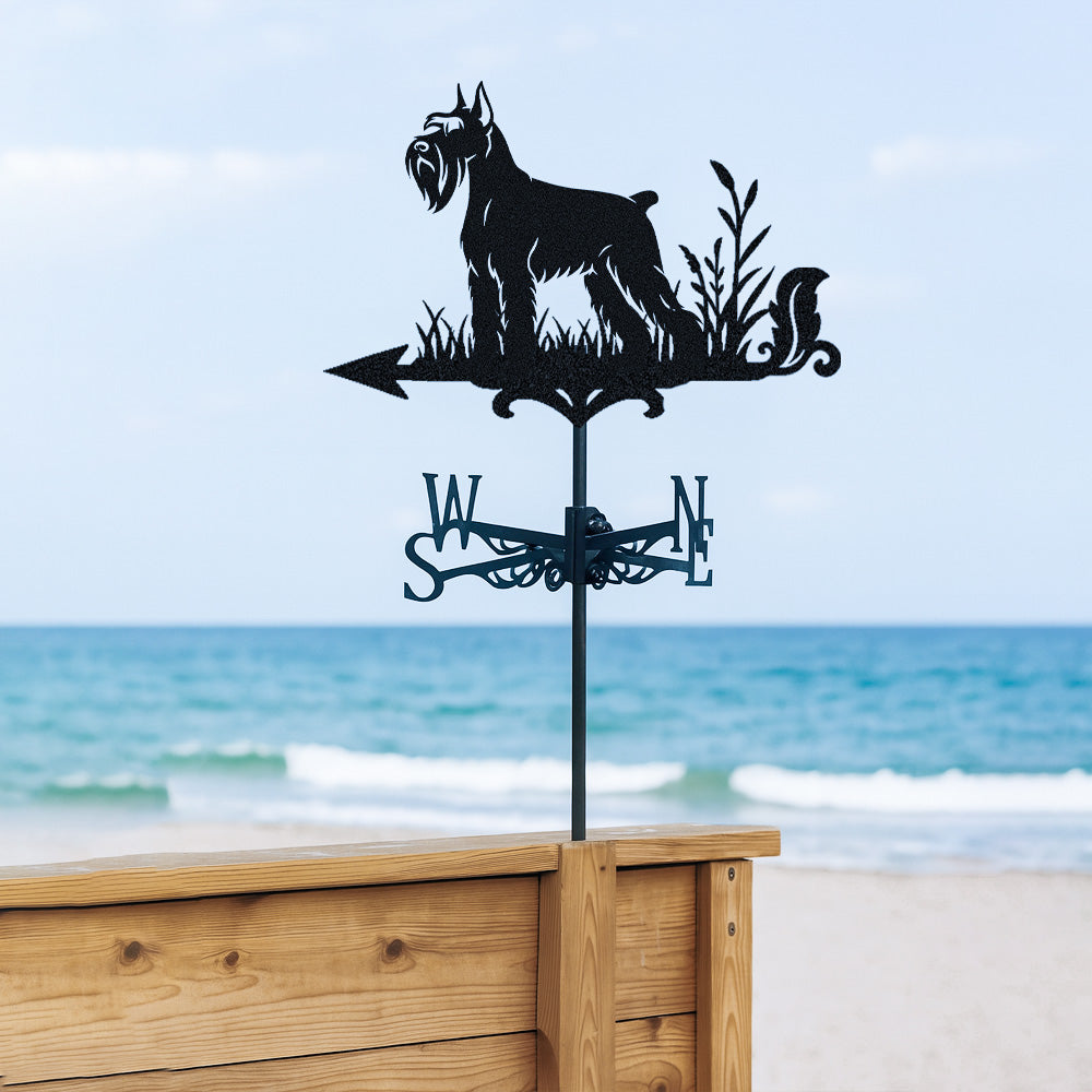 Schnauzer metal weather vane with directional arrows and mounting rod, outdoor roof and garden decoration