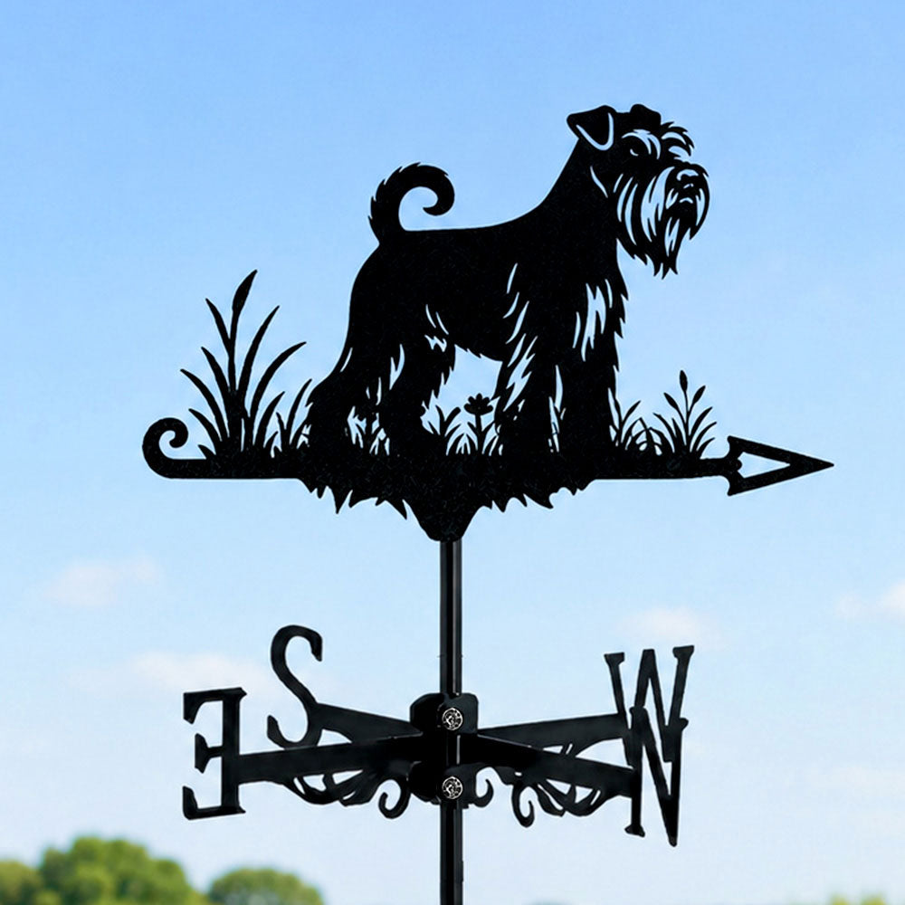 Schnauzer metal weather vane with directional arrows and mounting rod, outdoor roof and garden decoration