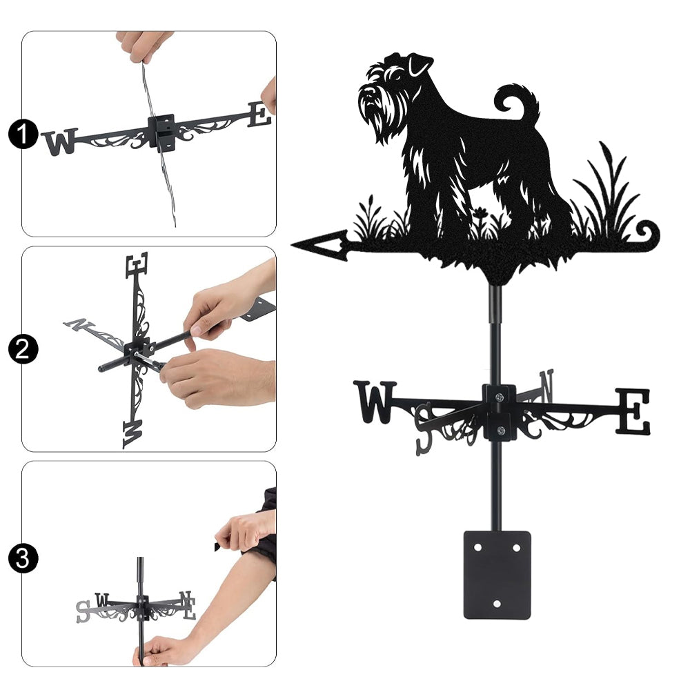 Schnauzer metal weather vane with directional arrows and mounting rod, outdoor roof and garden decoration