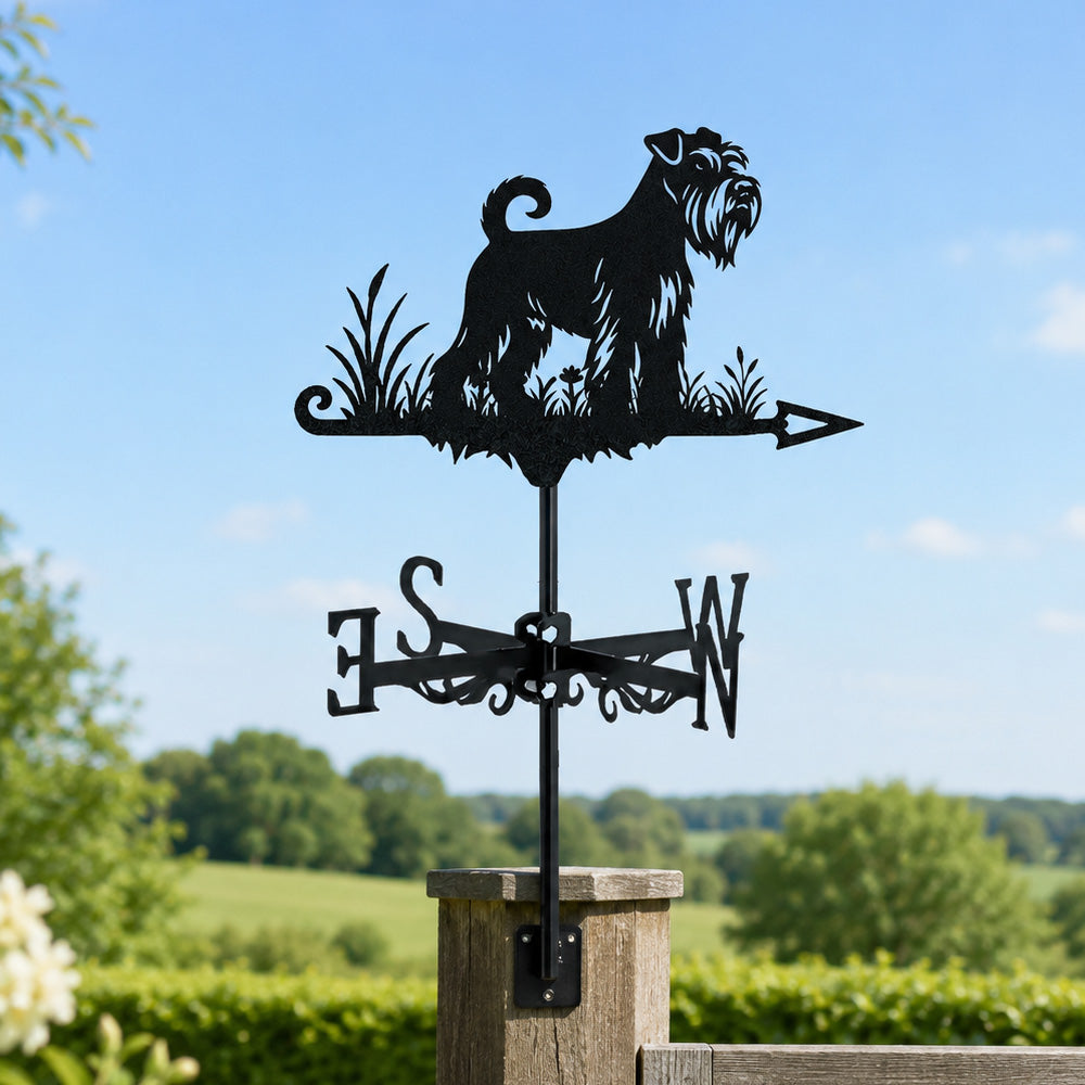 Schnauzer metal weather vane with directional arrows and mounting rod, outdoor roof and garden decoration