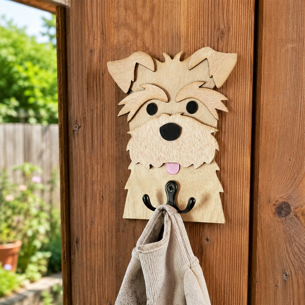 Wooden schnauzer dog wall hook key and leash holder for home entryway organizer