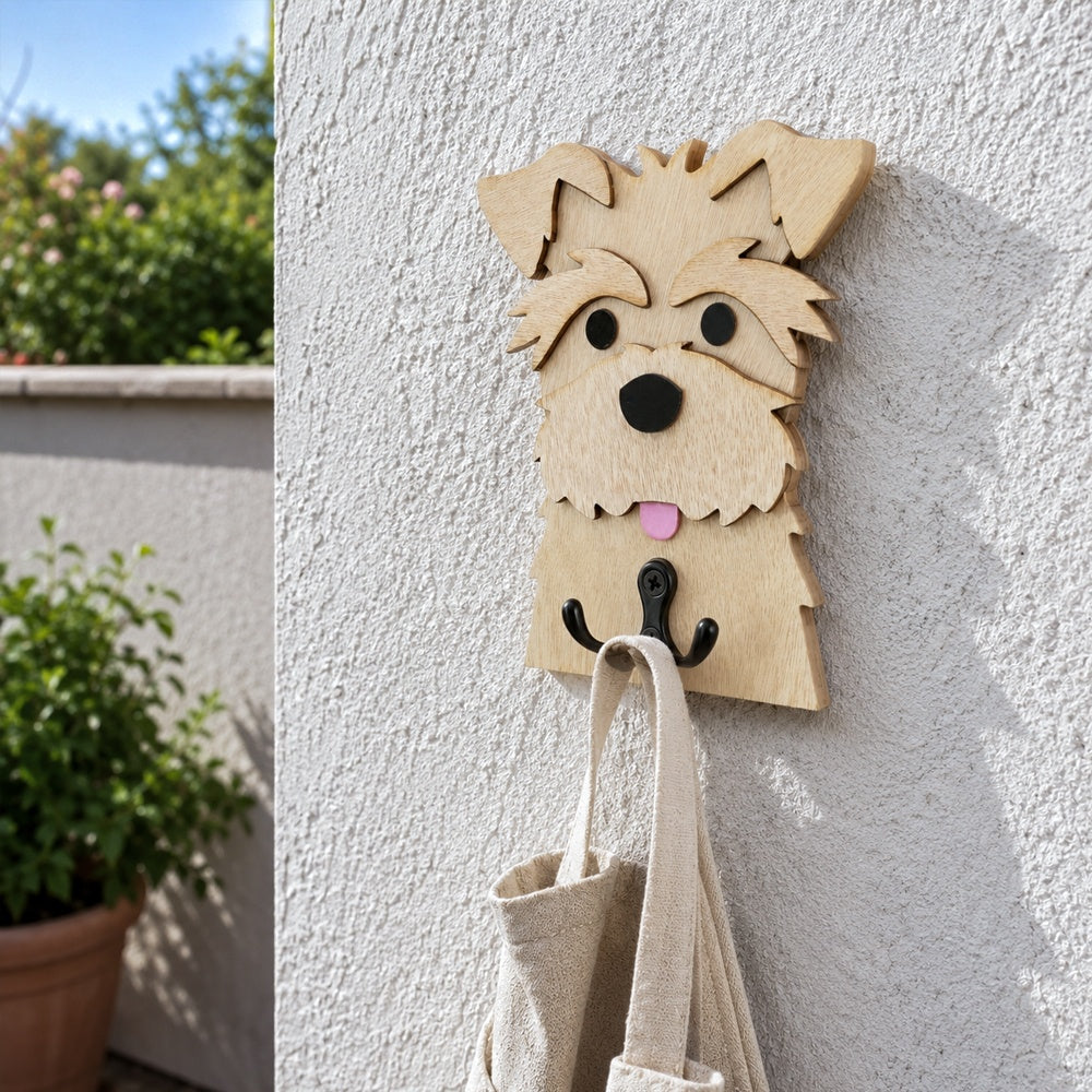Wooden schnauzer dog wall hook key and leash holder for home entryway organizer