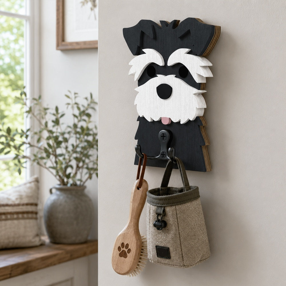Wooden schnauzer dog wall hook key and leash holder for home entryway organizer