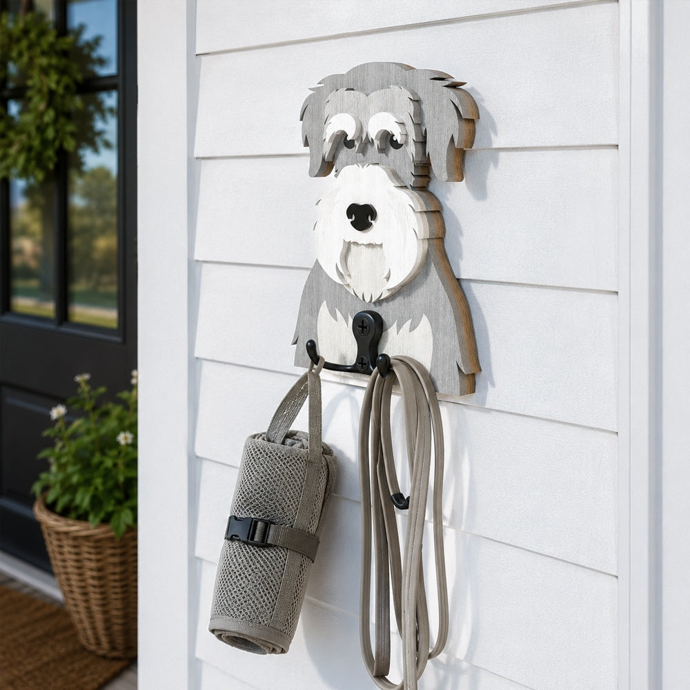 Wooden schnauzer dog wall hook key and leash holder for home entryway organizer