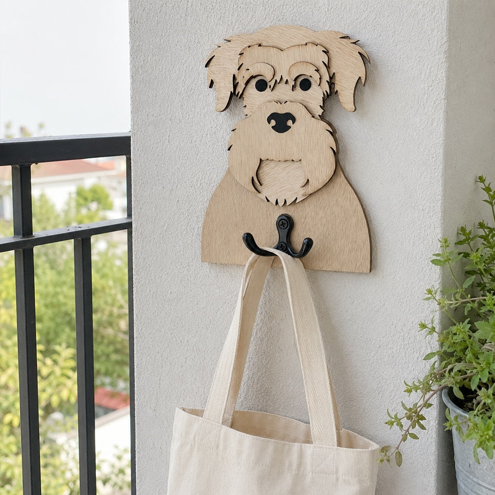 Wooden schnauzer dog wall hook key and leash holder for home entryway organizer