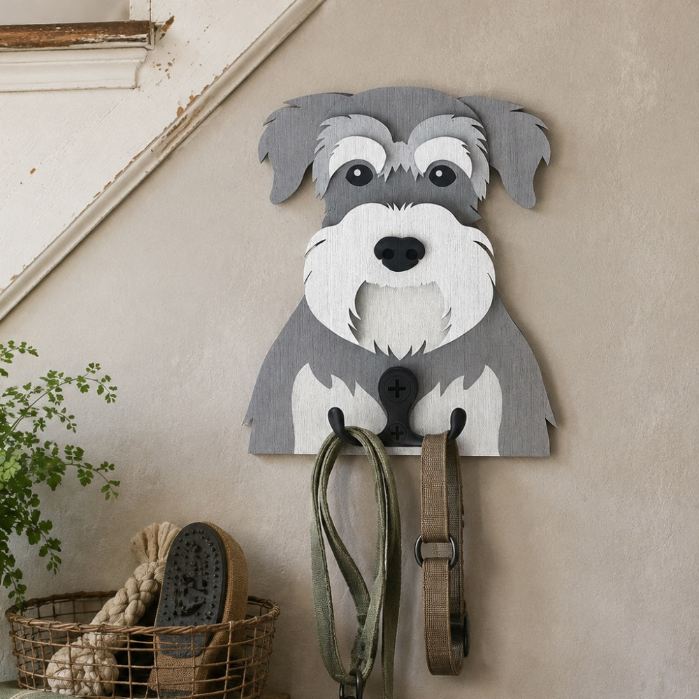 Wooden schnauzer dog wall hook key and leash holder for home entryway organizer
