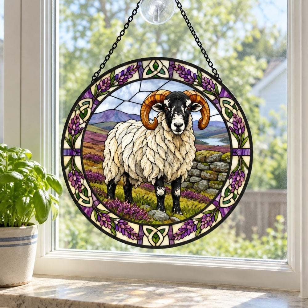 Scottish blackface sheep stained glass suncatcher window hanging, suitable for home and garden decoration