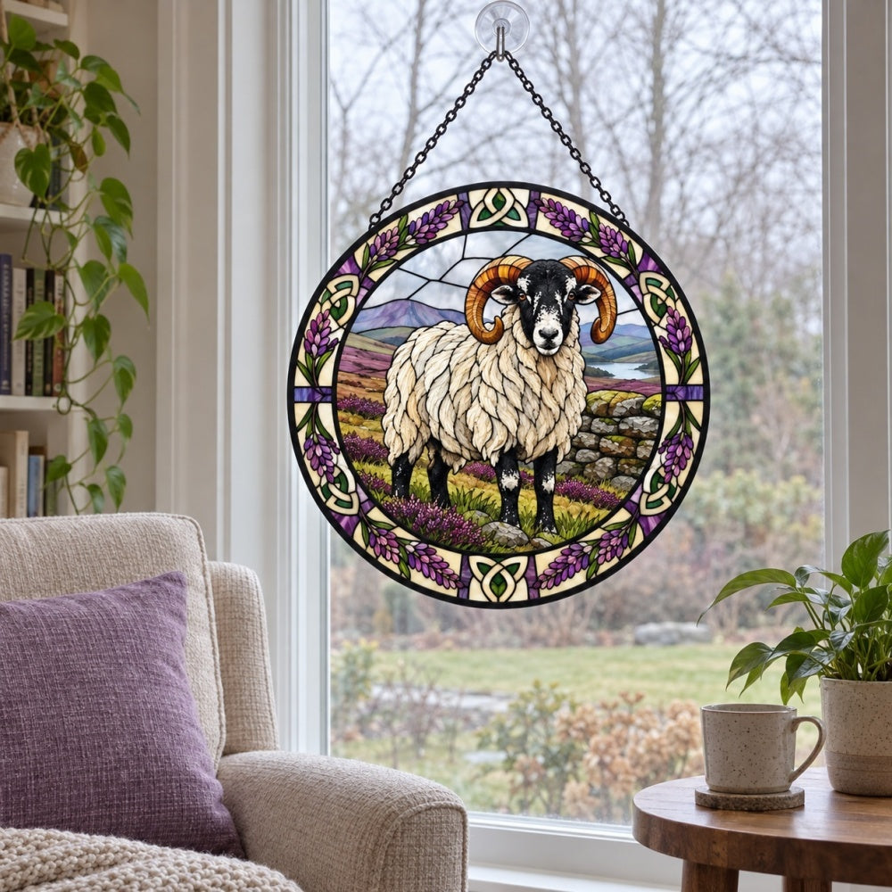 Scottish blackface sheep stained glass suncatcher window hanging, suitable for home and garden decoration