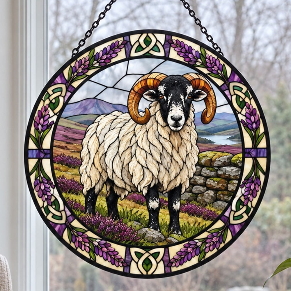 Scottish blackface sheep stained glass suncatcher window hanging, suitable for home and garden decoration