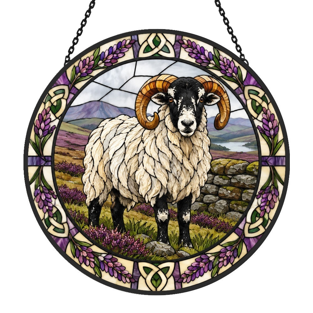 Scottish blackface sheep stained glass suncatcher window hanging, suitable for home and garden decoration