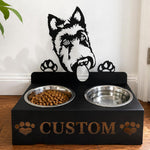 Personalized scottish terrier metal dog bowl stand with custom name cutout and two removable feeding bowls