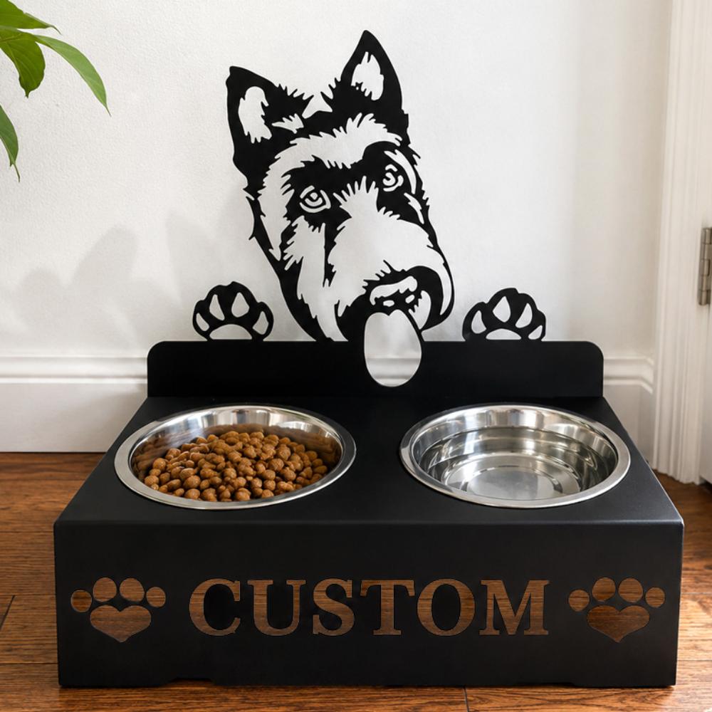 Personalized scottish terrier metal dog bowl stand with custom name cutout and two removable feeding bowls