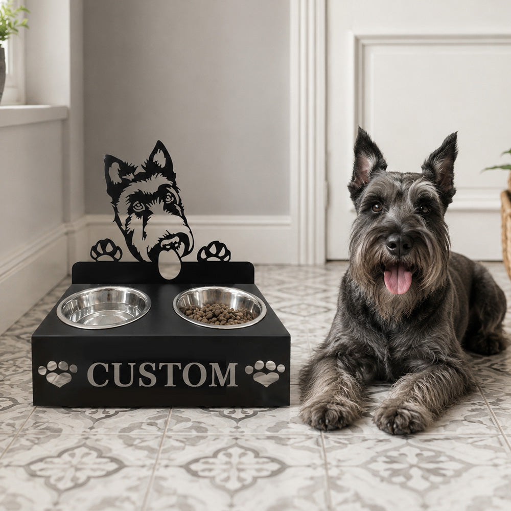 Personalized scottish terrier metal dog bowl stand with custom name cutout and two removable feeding bowls