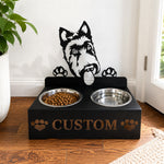 Personalized scottish terrier metal dog bowl stand with custom name cutout and two removable feeding bowls