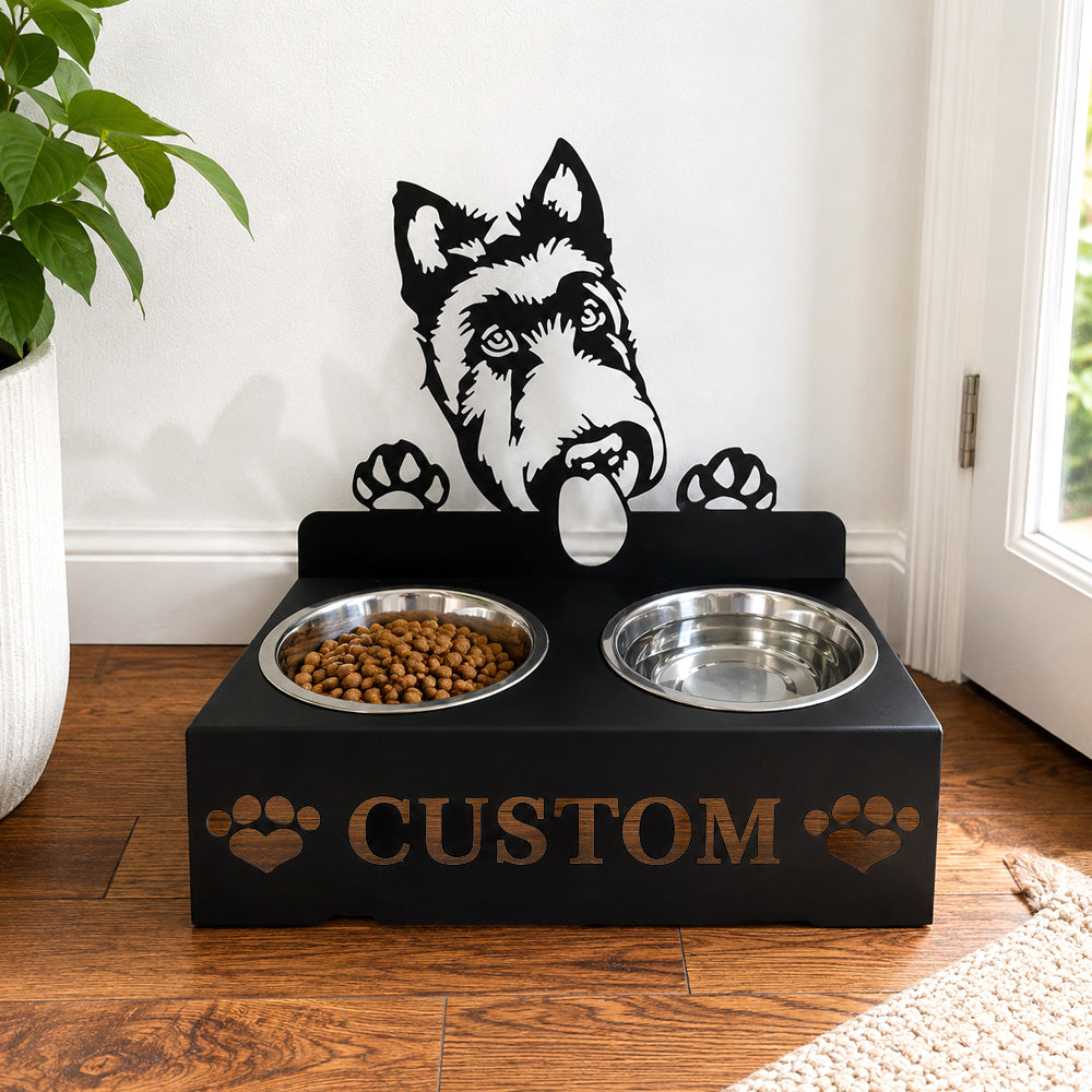 Personalized scottish terrier metal dog bowl stand with custom name cutout and two removable feeding bowls