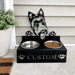 Personalized scottish terrier metal dog bowl stand with custom name cutout and two removable feeding bowls