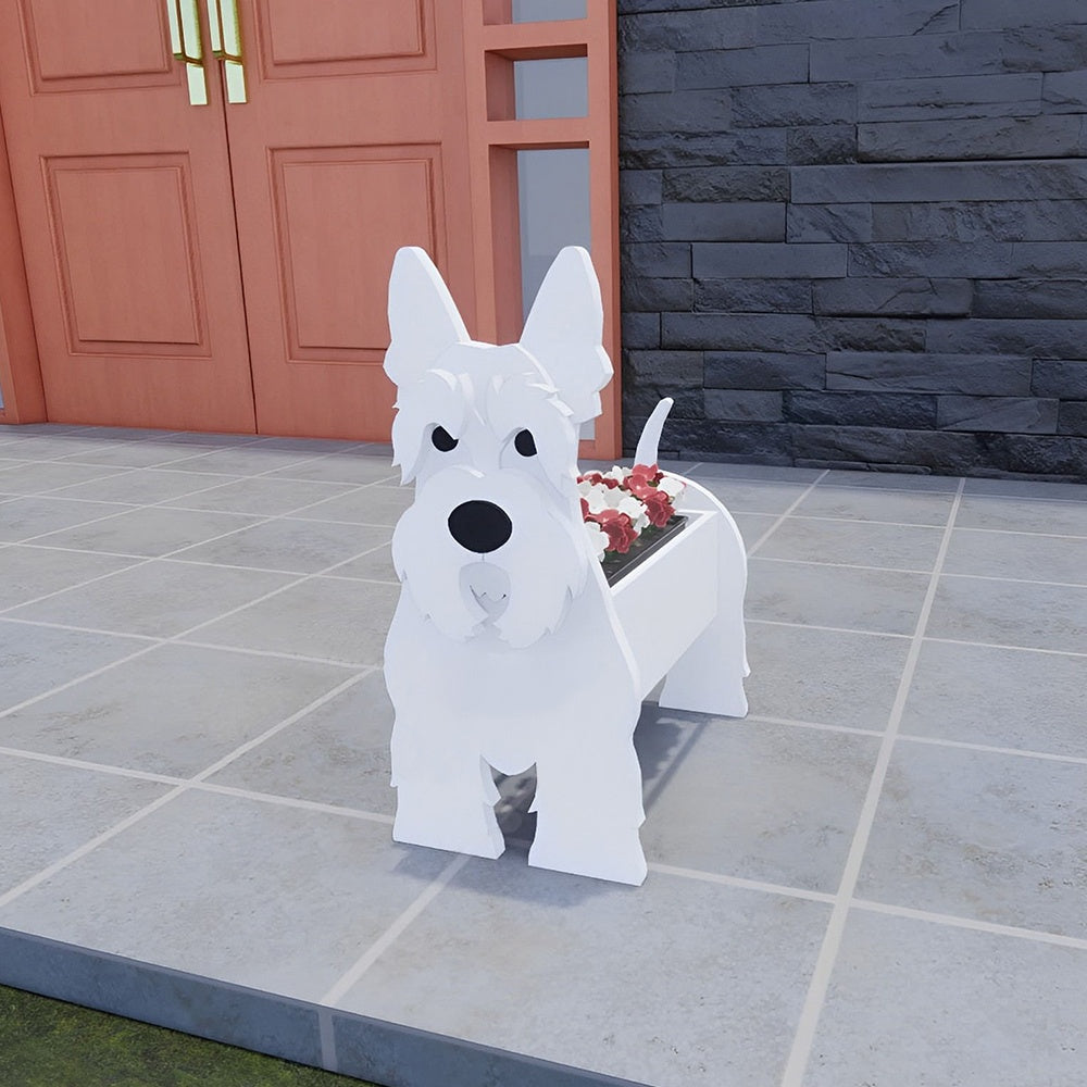 Scottish Terrier dog planter filled with fresh flowers is placed in the garden
