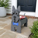 Scottish Terrier dog planter filled with fresh flowers is placed in the garden