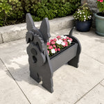 Scottish Terrier dog planter filled with fresh flowers is placed in the garden