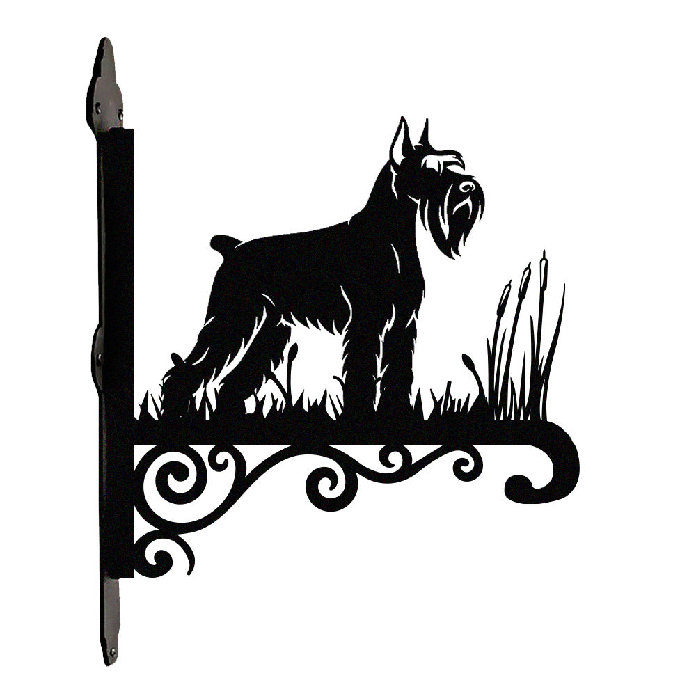 Scottish terrier metal hanging basket bracket mounted on outdoor wall for plant decoration