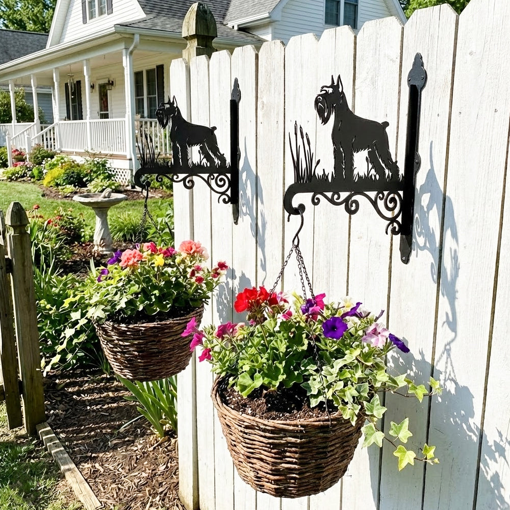 Scottish terrier metal hanging basket bracket mounted on outdoor wall for plant decoration