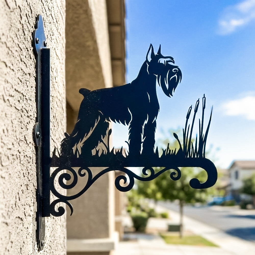 Scottish terrier metal hanging basket bracket mounted on outdoor wall for plant decoration