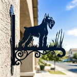 Scottish terrier metal hanging basket bracket mounted on outdoor wall for plant decoration