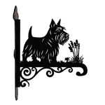 Scottish terrier metal hanging basket bracket mounted on outdoor wall for plant decoration