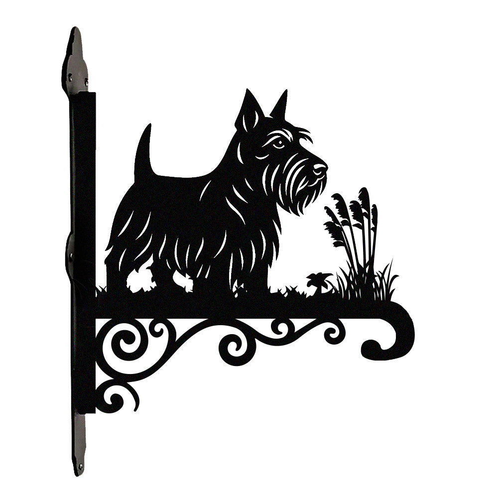 Scottish terrier metal hanging basket bracket mounted on outdoor wall for plant decoration