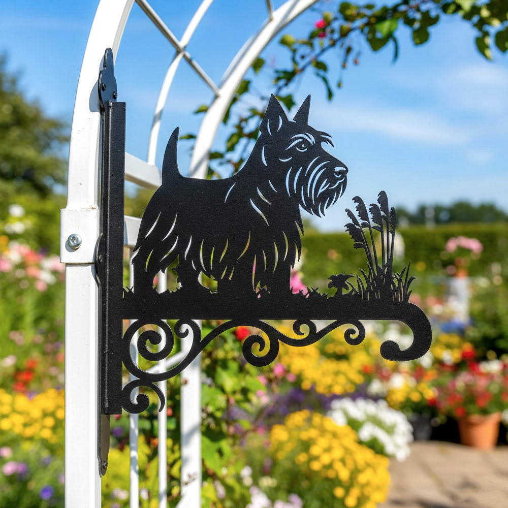 Scottish terrier metal hanging basket bracket mounted on outdoor wall for plant decoration