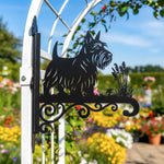 Scottish terrier metal hanging basket bracket mounted on outdoor wall for plant decoration