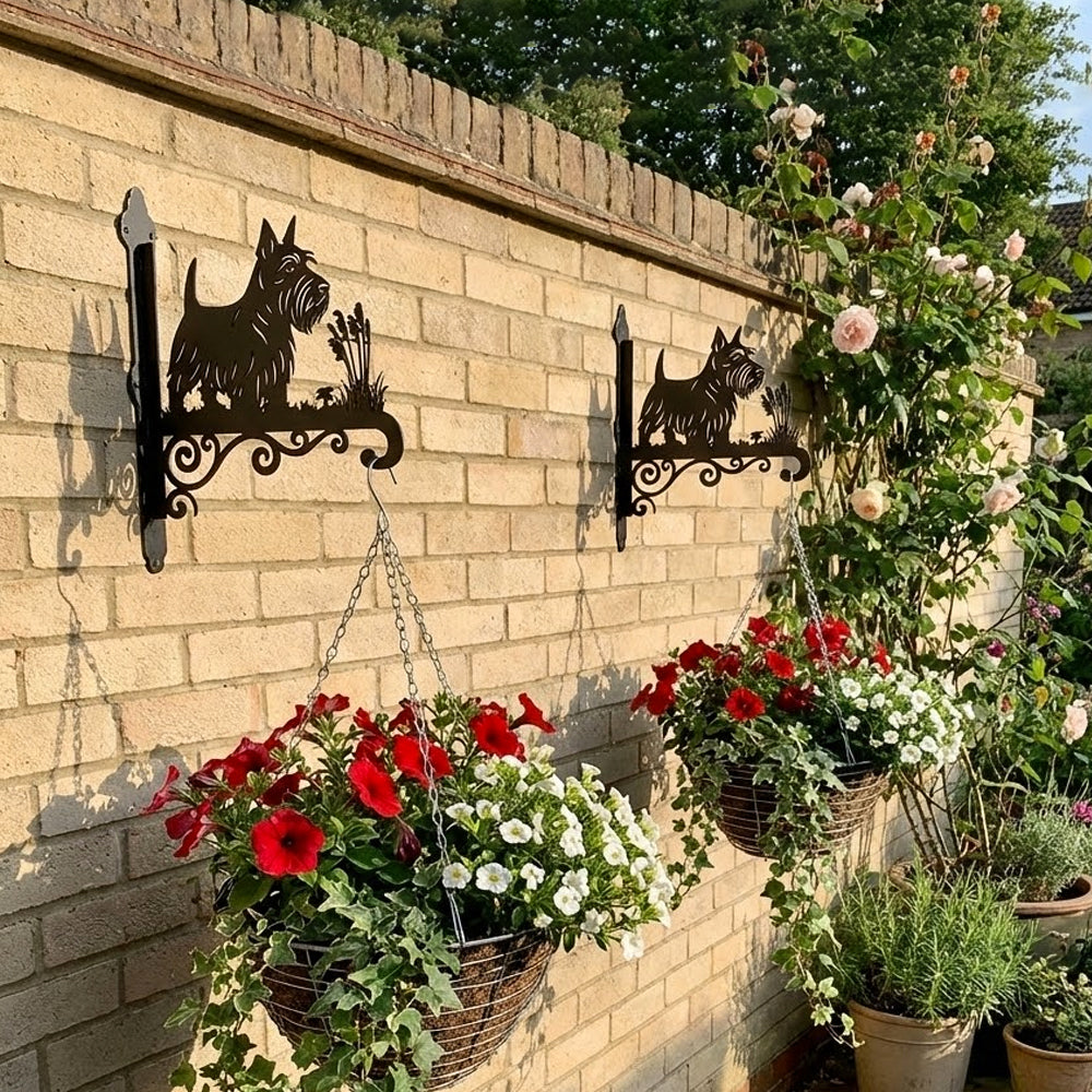 Scottish terrier metal hanging basket bracket mounted on outdoor wall for plant decoration
