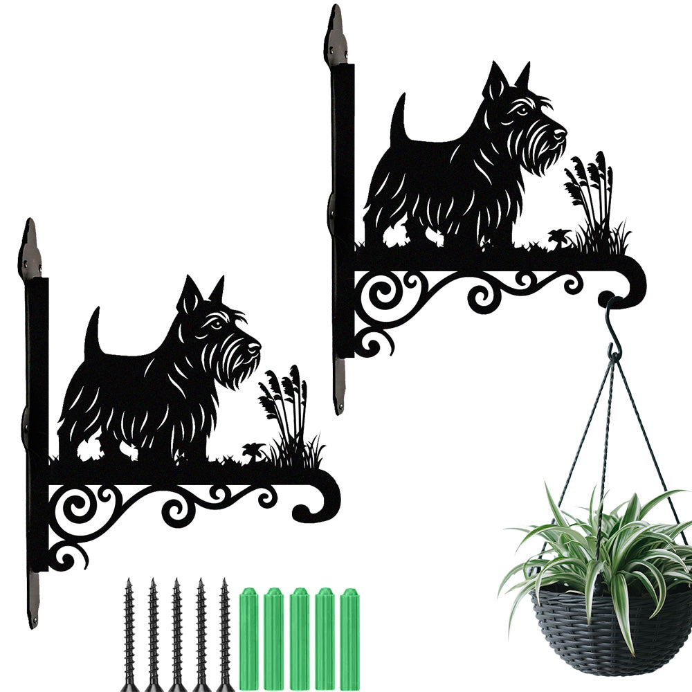 Scottish terrier metal hanging basket bracket mounted on outdoor wall for plant decoration