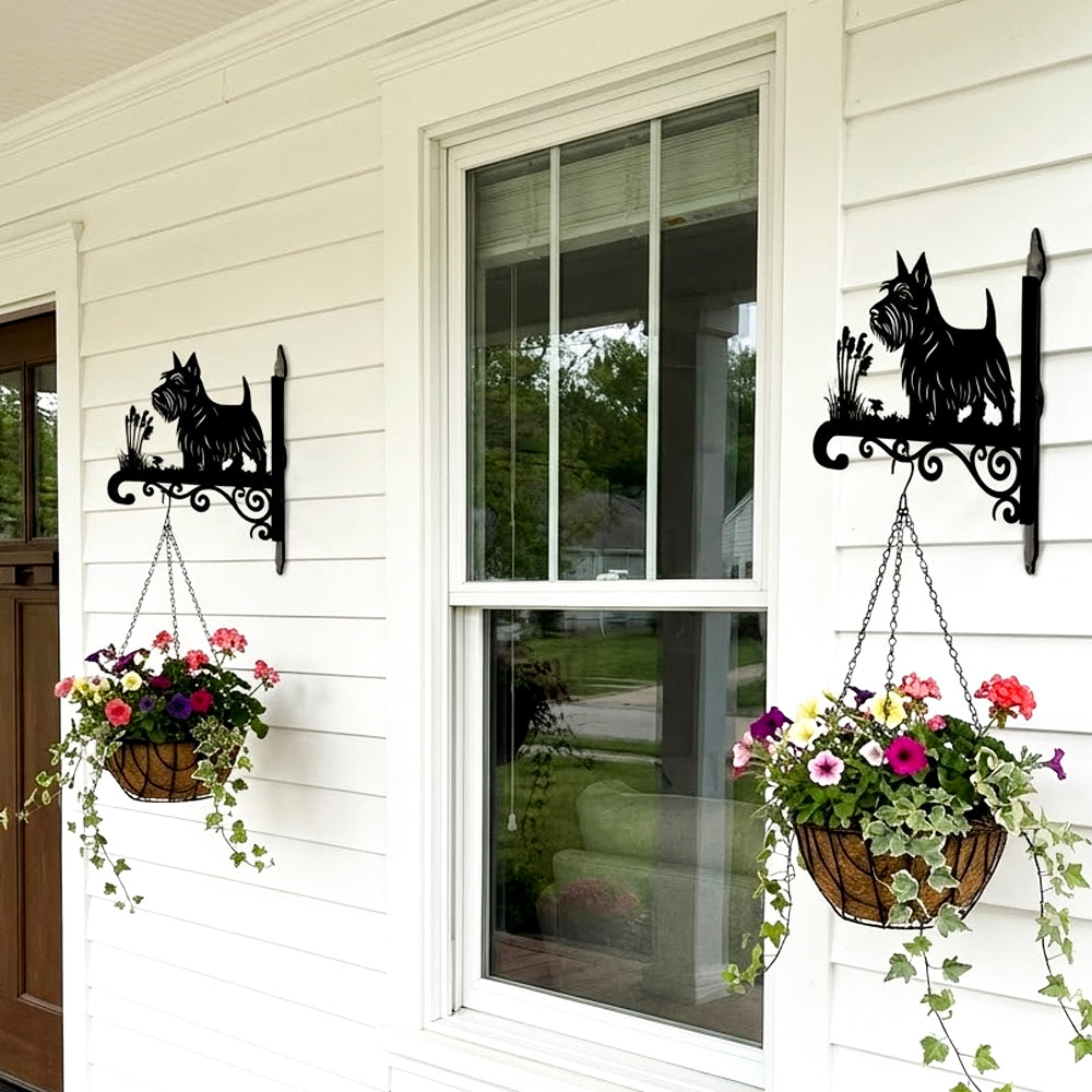 Scottish terrier metal hanging basket bracket mounted on outdoor wall for plant decoration