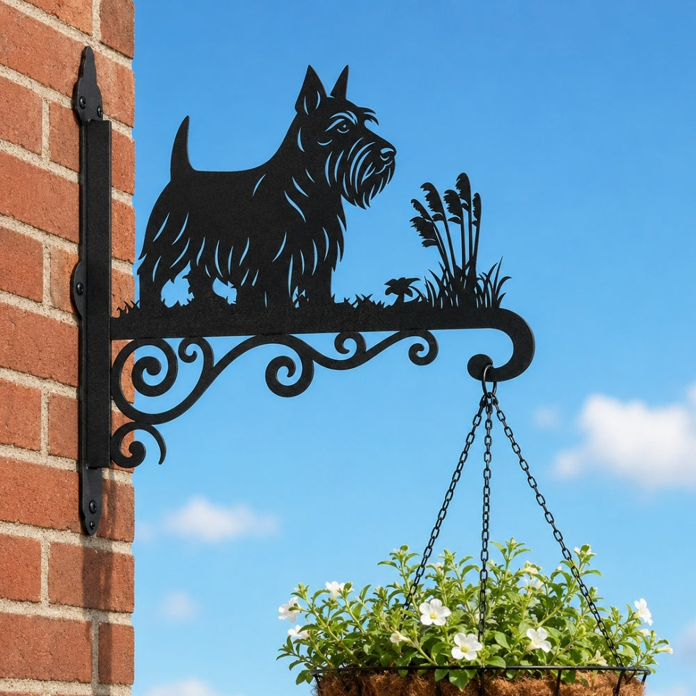 Scottish terrier metal hanging basket bracket mounted on outdoor wall for plant decoration