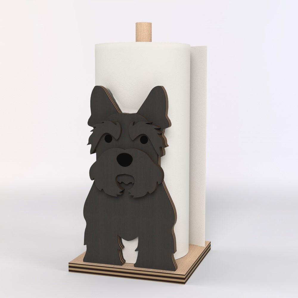 Scottish Terrier Wooden Dog Paper Towel Holder displayed on a kitchen countertop with a freestanding paper towel roll