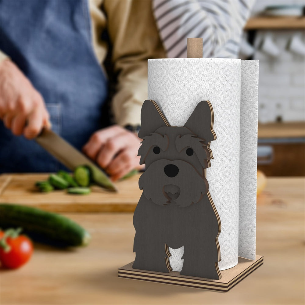 Scottish Terrier Wooden Dog Paper Towel Holder displayed on a kitchen countertop with a freestanding paper towel roll