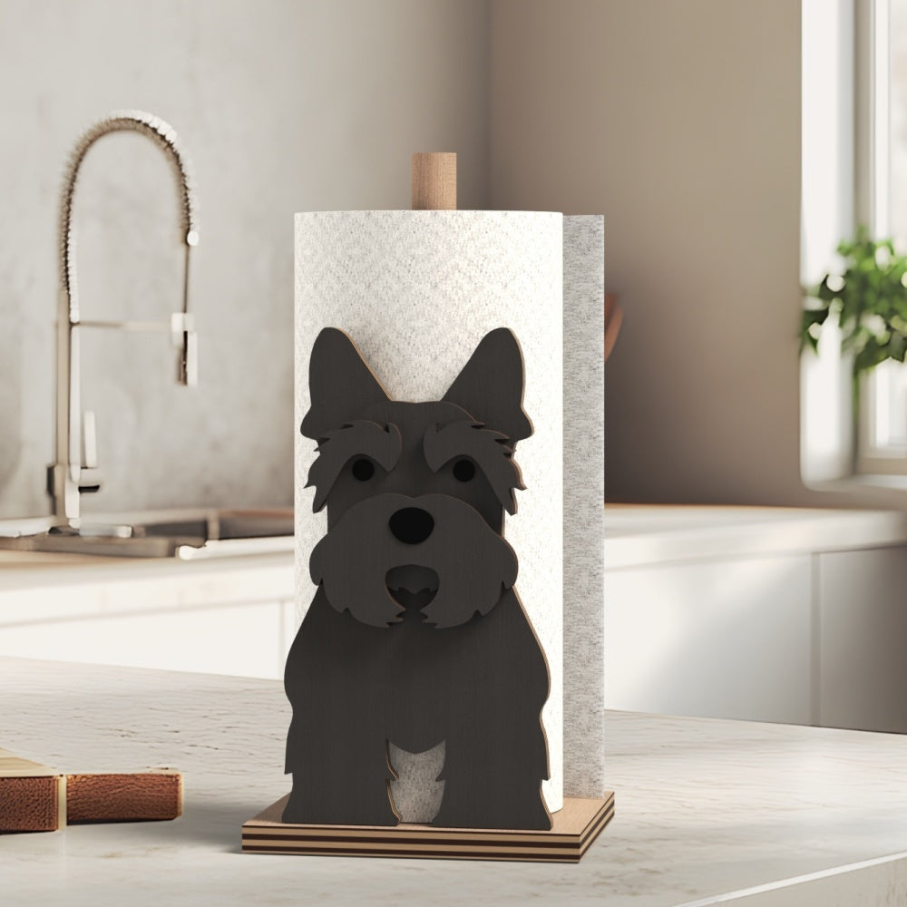 Scottish Terrier Wooden Dog Paper Towel Holder displayed on a kitchen countertop with a freestanding paper towel roll