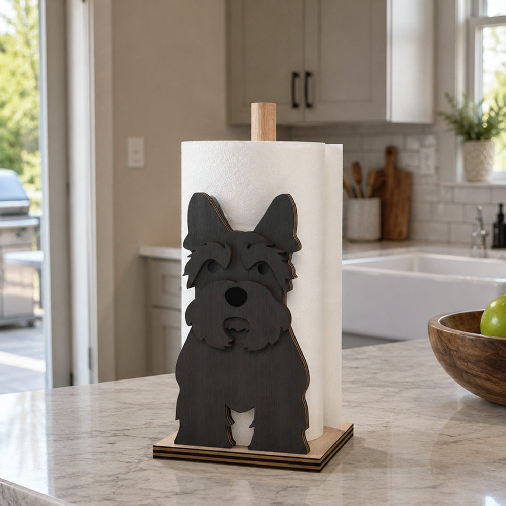 Scottish Terrier Wooden Dog Paper Towel Holder displayed on a kitchen countertop with a freestanding paper towel roll