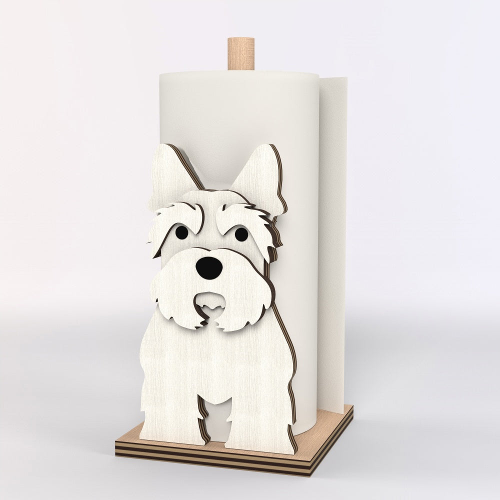 Scottish Terrier Wooden Dog Paper Towel Holder displayed on a kitchen countertop with a freestanding paper towel roll