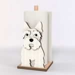 Scottish Terrier Wooden Dog Paper Towel Holder displayed on a kitchen countertop with a freestanding paper towel roll