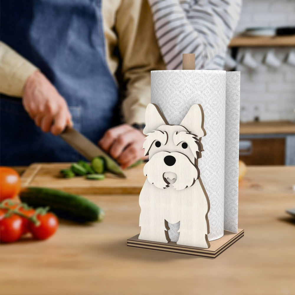 Scottish Terrier Wooden Dog Paper Towel Holder displayed on a kitchen countertop with a freestanding paper towel roll